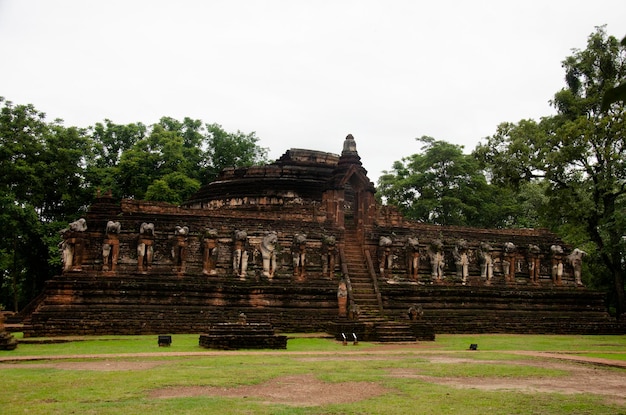 View landscape Wat Chang Rop or Wat Chang Rob in ancient building and ruins city of Kamphaeng Phet Historical Park is an archaeological site and Aranyik Area in Kamphaeng Phet Thailand