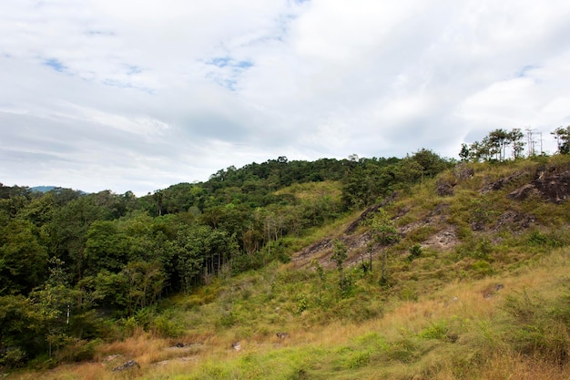 View landscape with mountain forest of Khao Lon Adventure for thai people and foreign travelers travel visit rest relax hiking trekking on viewpoint in jungle at Sarika city in Nakhon Nayok Thailand