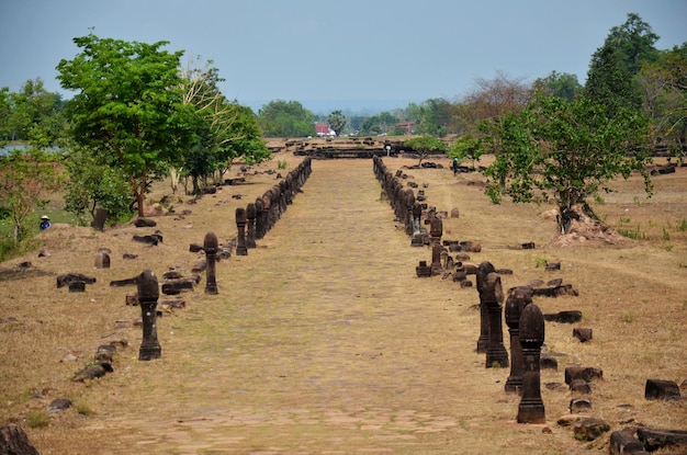 View landscape with walkway of archaeological site Wat Phu or Vat Phou 10th century is a ruined Khmer Hindu temple in Pakse Champasak Laos