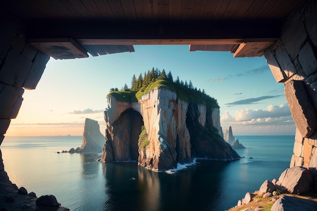 A view of a large island with a large rock in the middle of it.