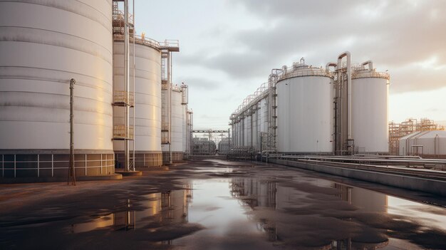 View of large Tank farm storage at chemical petroleum refinery product