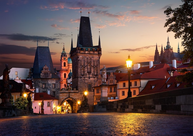 View of the Lesser Bridge Tower of Charles Bridge in Prague