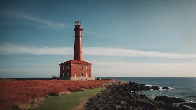 Photo view of lighthouse tower with beacon of light