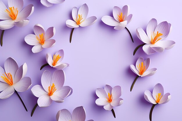 Above view of lovely saffron crocus blossoms on a pale violet backdrop