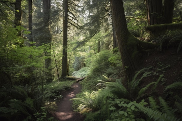 生成 AI で作成された、木々の間からハイキング コースが見える緑豊かな森の眺め