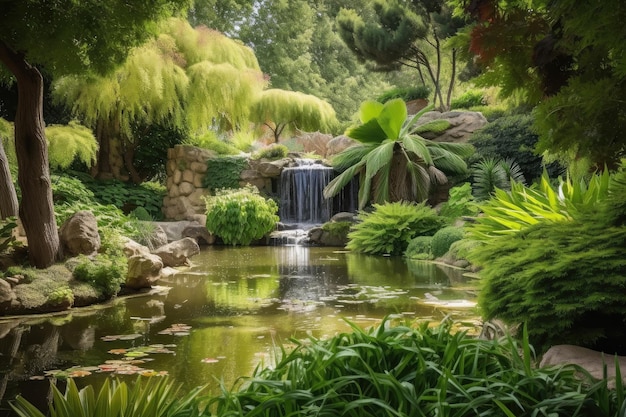 View of lush garden with waterfall and pond surrounded by trees