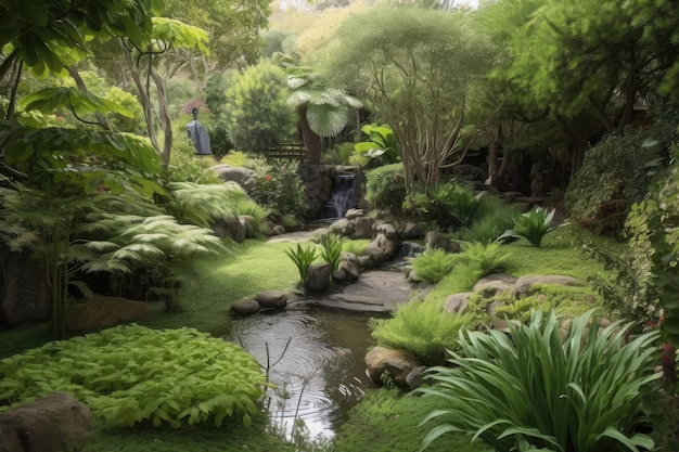 View of lush garden with waterfall and pond surrounded by trees