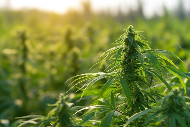 View of lush green hemp fields with wildflowers blooming