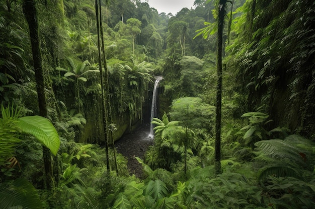 Foto vista della lussureggiante giungla con cascata visibile in lontananza creata con l'ia generativa