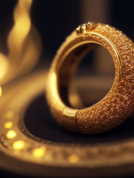 View of luxurious golden ring on felt jewelry display