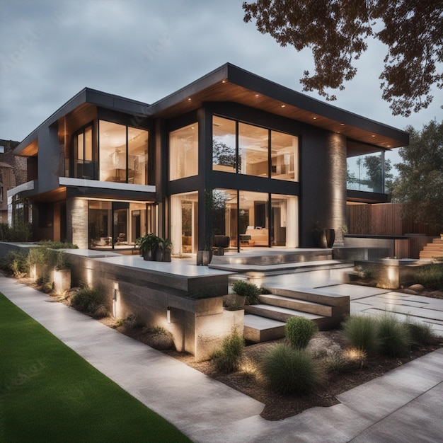 View of the luxurious modern house around windows and front yard wallpaper