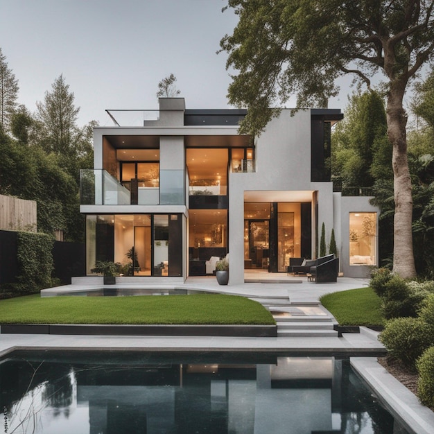 View of the luxurious modern house around windows and front yard wallpaper