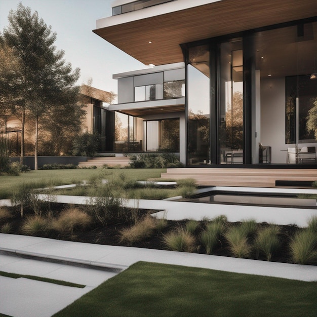 View of the luxurious modern house around windows and front yard wallpaper