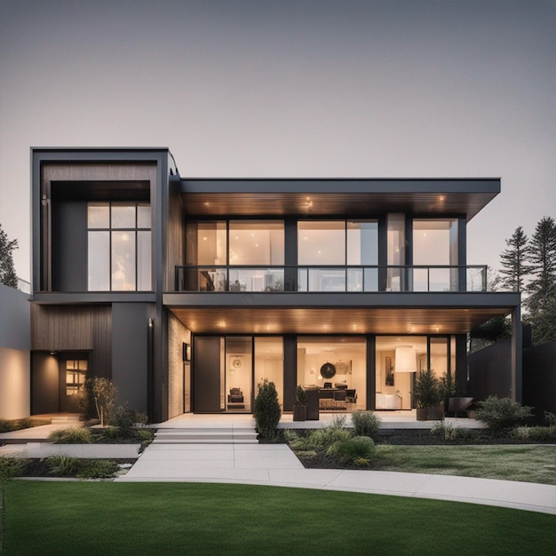 View of the luxurious modern house around windows and front yard wallpaper