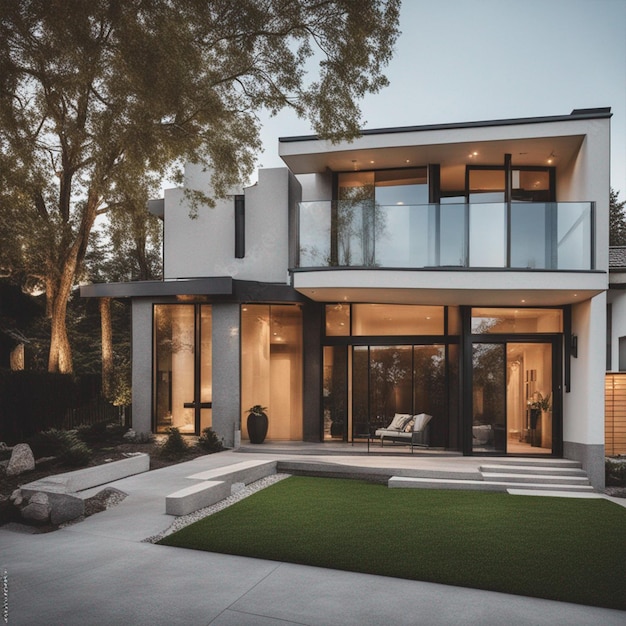 View of the luxurious modern house around windows and front yard wallpaper