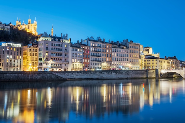 View of Lyon with Saone river at night, France.