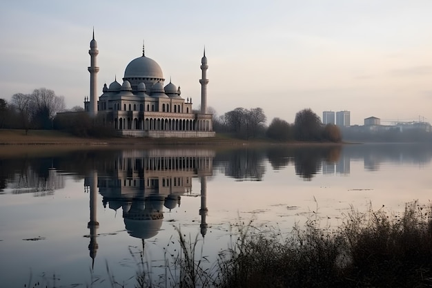 View of the magnificent mosque from the edge of the lake generative ai