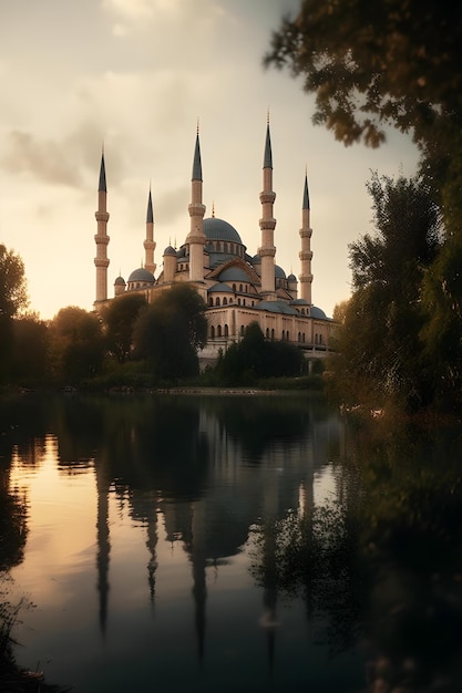 View of the magnificent mosque from the edge of the lake generative ai