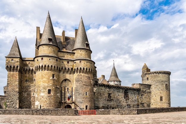 View of the main facade of the fortress castle in Vitre, France.