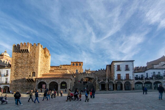 View of the main square in the historic center of Caceres