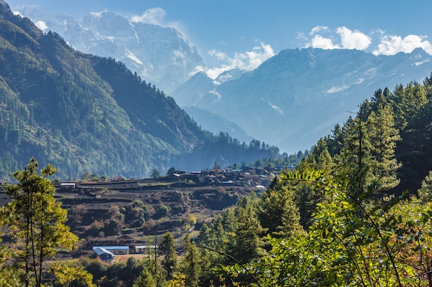 View of the majestic autumn mountains of Nepal from trekking around Annapurna