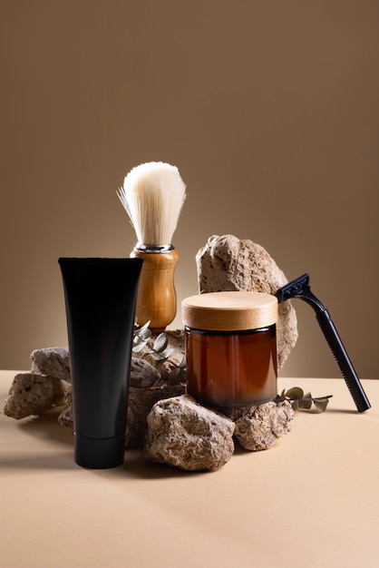 View of male beauty products with rock or stone display