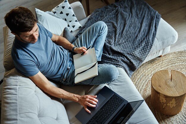 Above view of man sitting on sofa and using laptop freelancer\
working at home workplace remote work