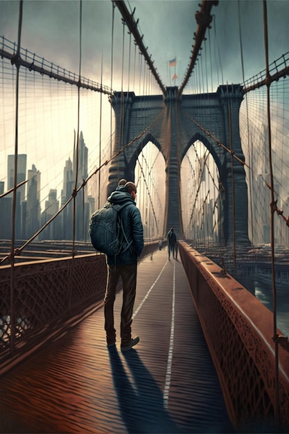 View of a man walking across bridge with backpack generative ai