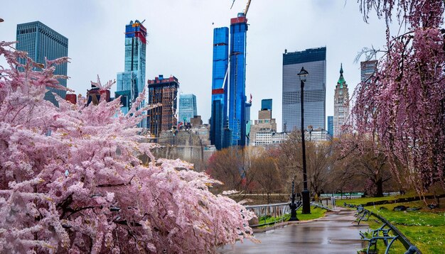 A view of manhattan from the park with a tree in the foreground and a building in the background.