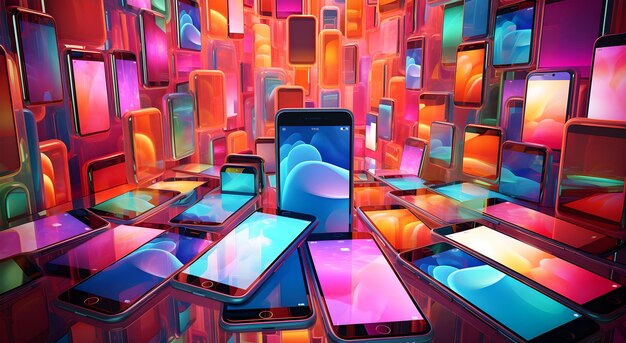 Photo view of many colorful smartphones