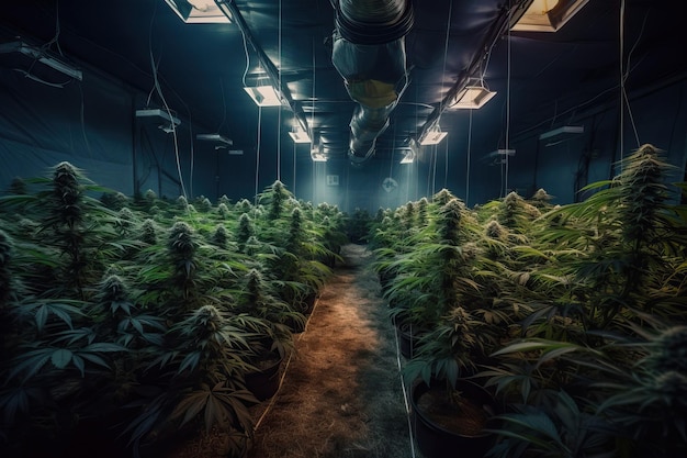 View of a marijuana plantation in a greenhouse