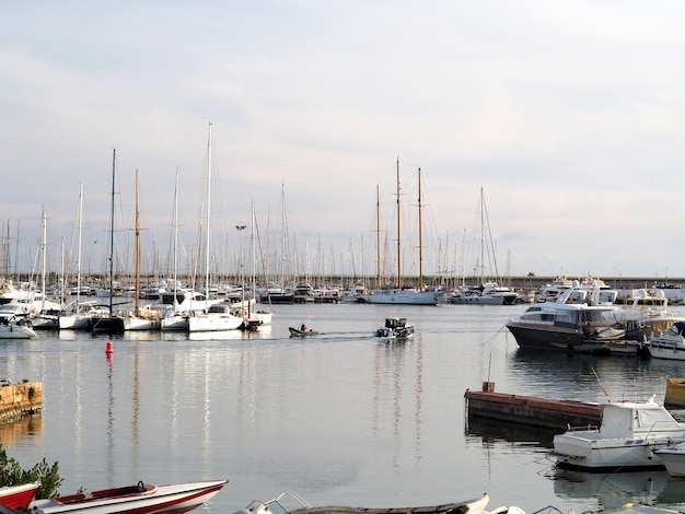 View of the marina bay with parking for yachts and boats one winter day