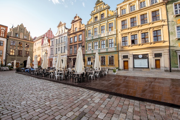 View on the Market square with beautiful buildings in Poznan during the morning light in Poland