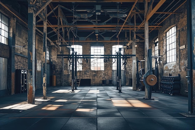 A view of a massive industrial building showcasing its abundance of windows and modern architectural design CrossFit setup in a gritty industrial gym AI Generated