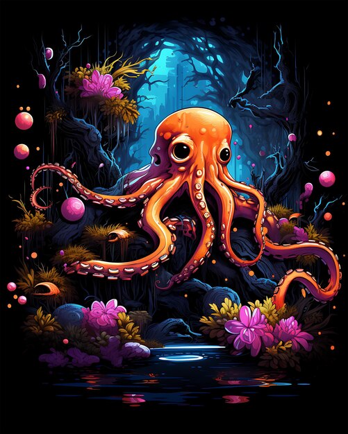 View of mesmerizing colorful Octopus designs in a forest