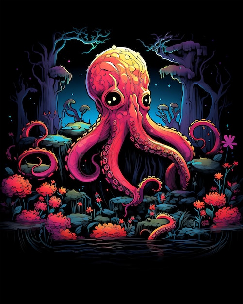 View of mesmerizing colorful Octopus designs in a forest