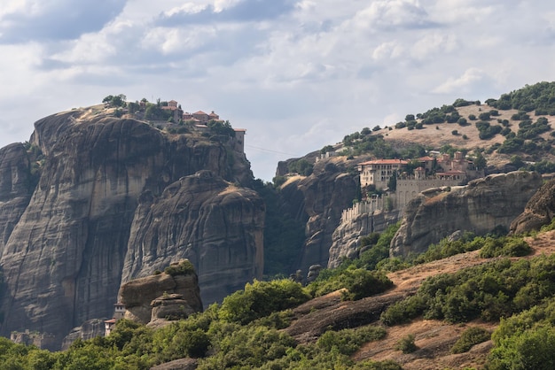 View of Meteora cliffs and famous floating monasteries Greece