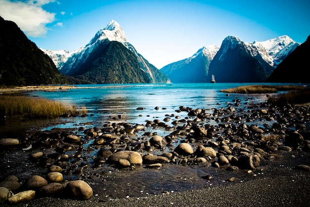 View of the Milford sound mountains in New Zealand