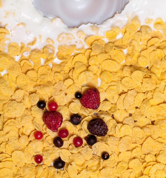 view of milk pouring into cornflakes