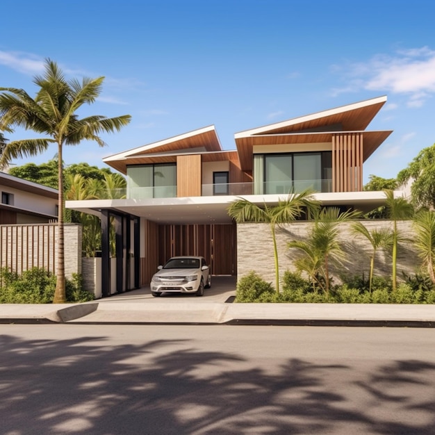 a view of a modern house with a car parked in front of it generative ai