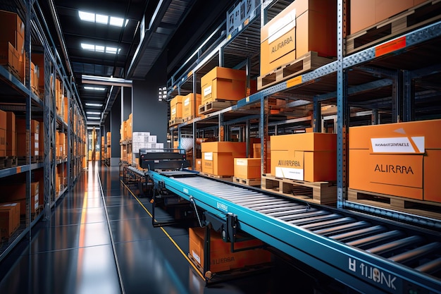 Photo view of modern logistics warehouse conveyor belt transportation box ai technology and industry automatisation concept