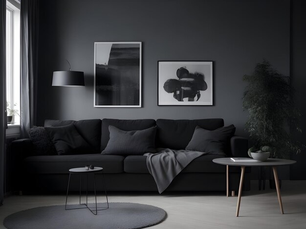 view of modern scandinavian style interior with sofa close view dark theme generated ai