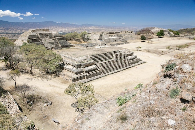 View of Monte Alban a large preColumbian archaeological site Santa Cruz Xoxocotlan Municipality Oaxaca State Mexico