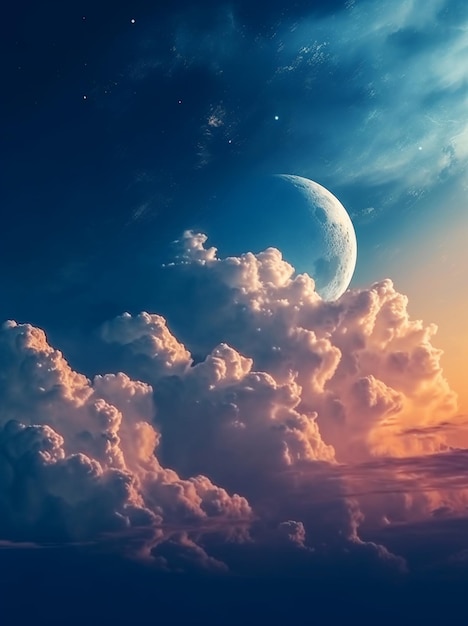 вид луны и облаков в небе с ярким светом генеративный ai