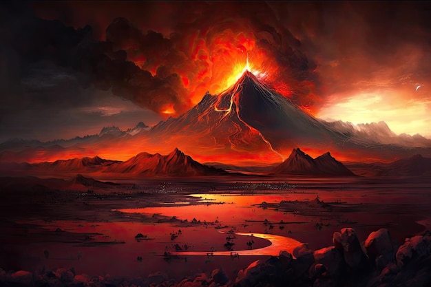 View of mordor landscape with the fiery glow of mount doom in the distance