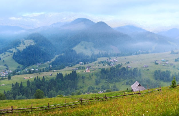 View on morning summer mountain village