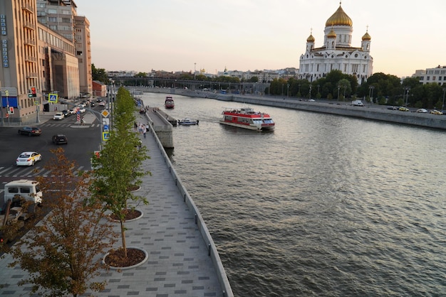 View of Moscow river with cruise boat in Moscow Russia