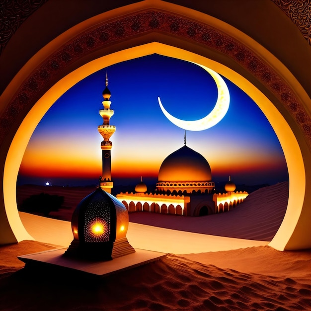 A view of a mosque from a desert scene with a moon and a crescent moon.