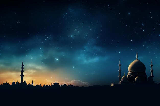 Foto una vista di una moschea di notte con le stelle nel cielo
