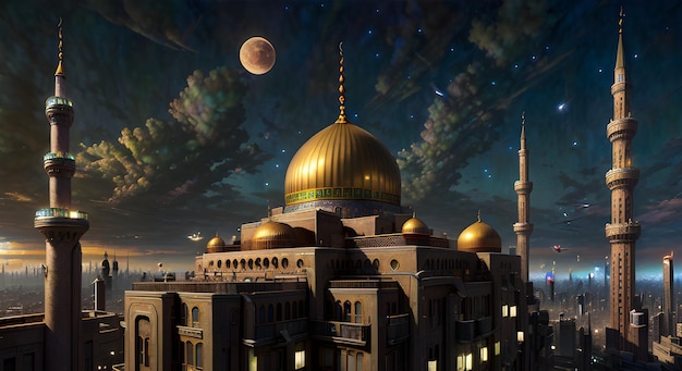 A view of a mosque with the moon in the background.